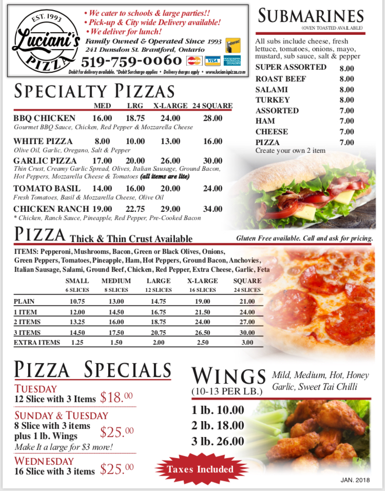 Lucianis Pizza | 241 Dunsdon St, Brantford, ON N3R 7C3, Canada | Phone: (519) 759-0060
