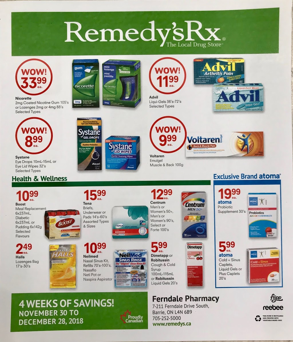 RemedysRx - Ferndale Pharmacy | health | 7-211 Ferndale Dr S, Barrie, ON L4N 6B9, Canada | 7052525000 OR +1 705-252-5000