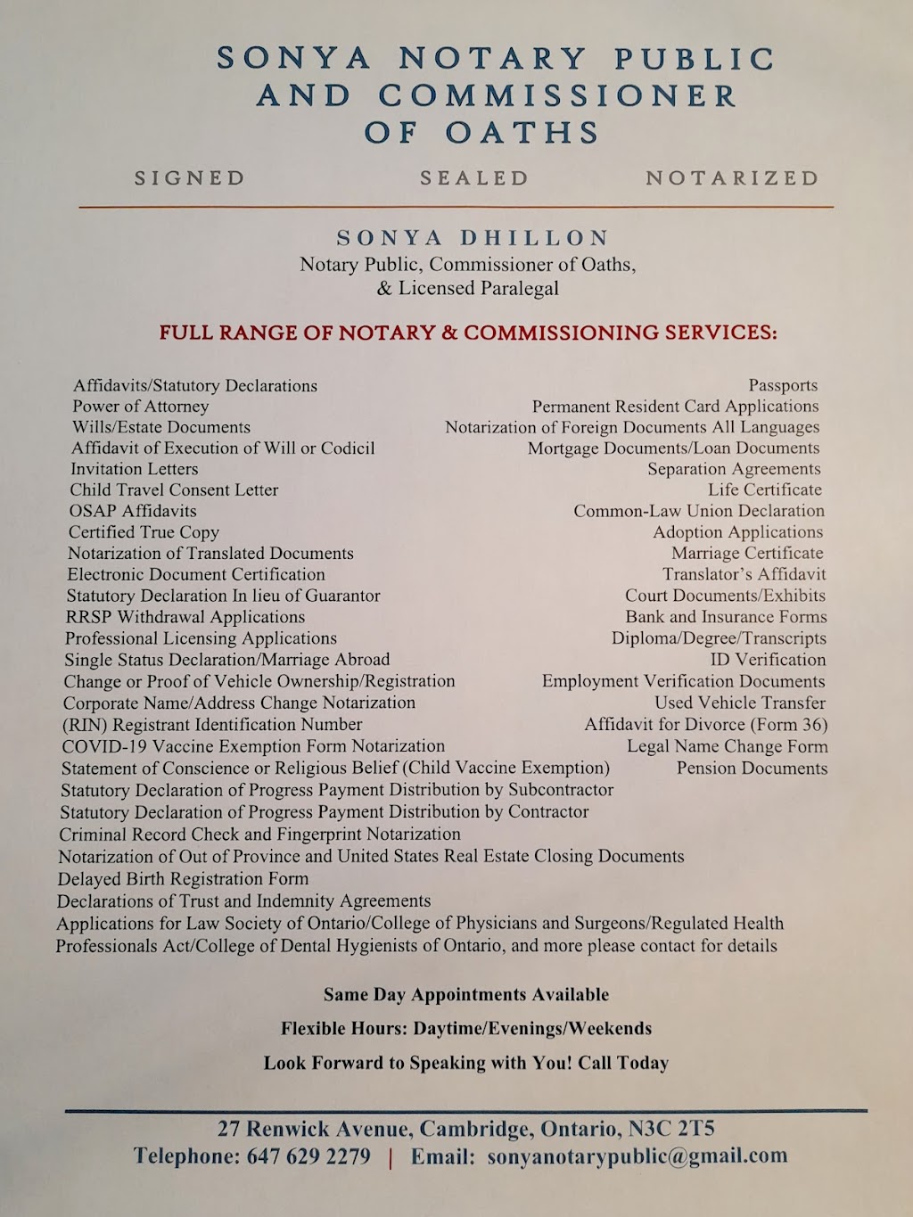 Sonya Notary Public and Commissioner of Oaths | 27 Renwick Ave, Cambridge, ON N3C 2T5, Canada | Phone: (647) 629-2279