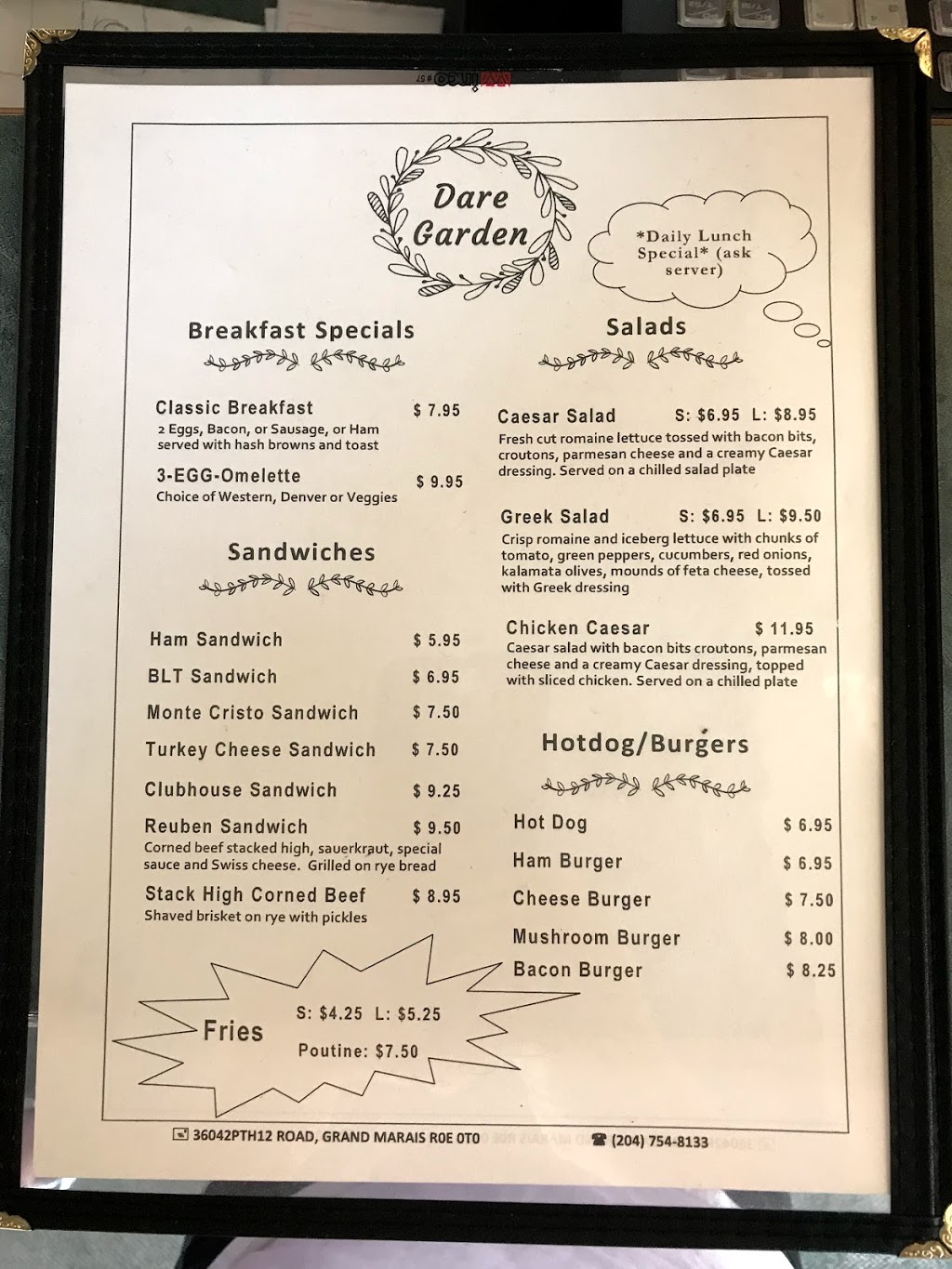 Dare Garden Restaurant | 36042 MB-12, Grand Marais, MB R0E 0T0, Canada | Phone: (204) 754-2266