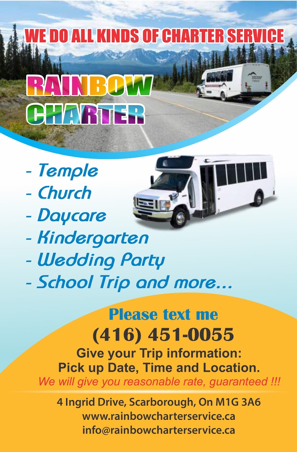 Rainbow Charter Service Inc | 4 Ingrid Dr, Scarborough, ON M1G 3A6, Canada | Phone: (416) 451-0055