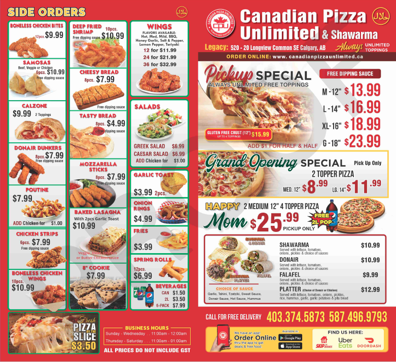 Canadian Pizza Unlimited - Legacy | 20 Longview Common SE #520, Calgary, AB T2X 4S8, Canada | Phone: (403) 800-5522