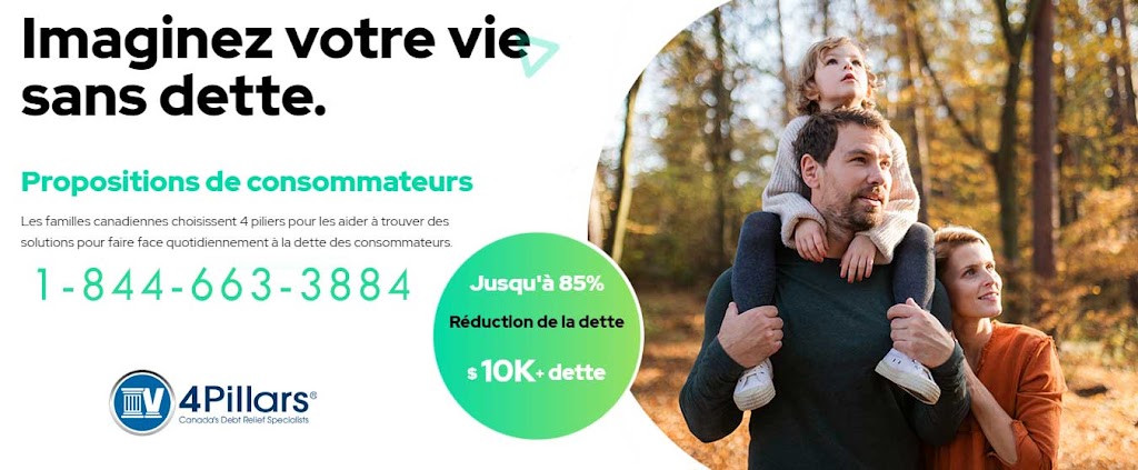 4 Pillars Debt Relief Quebec City | 6655 Pierre-Bertrand Blvd Office 212, Quebec City, QC G2K 1M1, Canada | Phone: (844) 663-3883