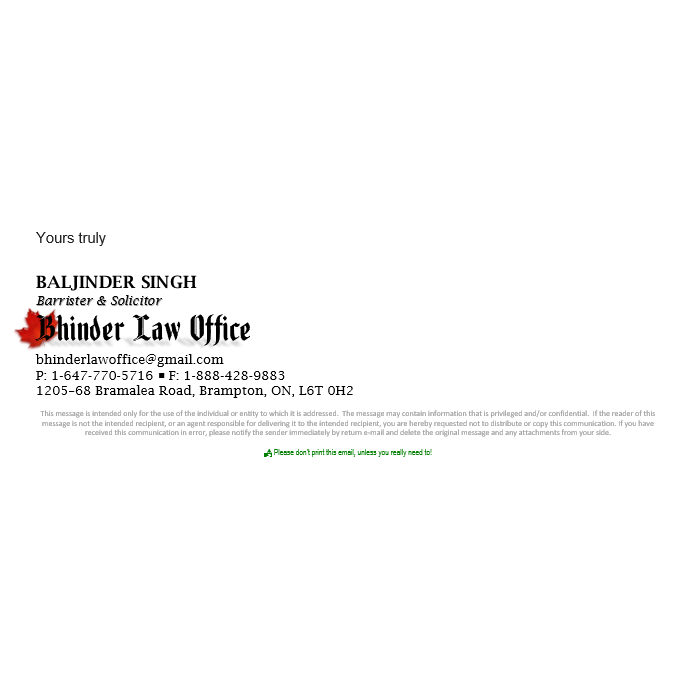 Bhinder law office | 60 Gillingham Dr #402, Brampton, ON L6X 4X7, Canada | Phone: (905) 453-0606