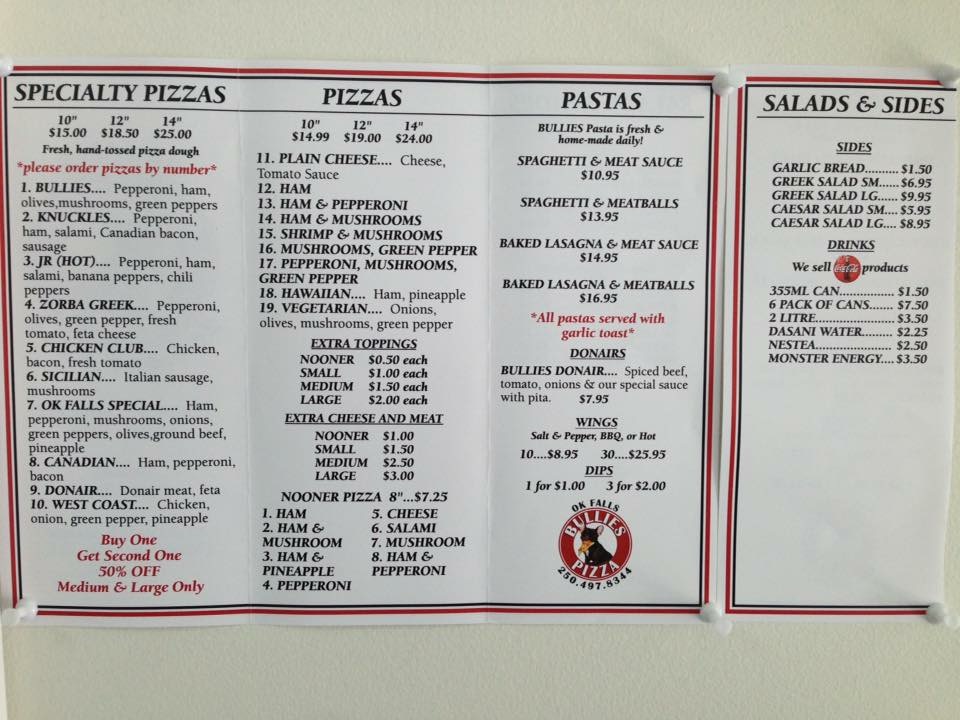 bullies pizza | 3-5350 9 ave, mailing address box 46 okanagan falls bc V0H1R0, Okanagan Falls, BC V0H 1R0, Canada | Phone: (250) 497-8344