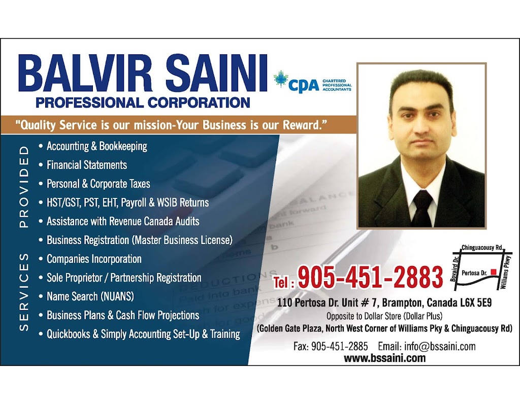 Balvir Saini CPA, CGA | 7-110 Pertosa Dr, Brampton, ON L6X 5E9, Canada | Phone: (905) 451-2883