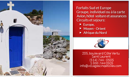 Voyages Cinq Etoiles Inc | 205 Boulevard de la Côte-Vertu, Saint-Laurent, QC H4N 1C8, Canada | Phone: (514) 744-0505