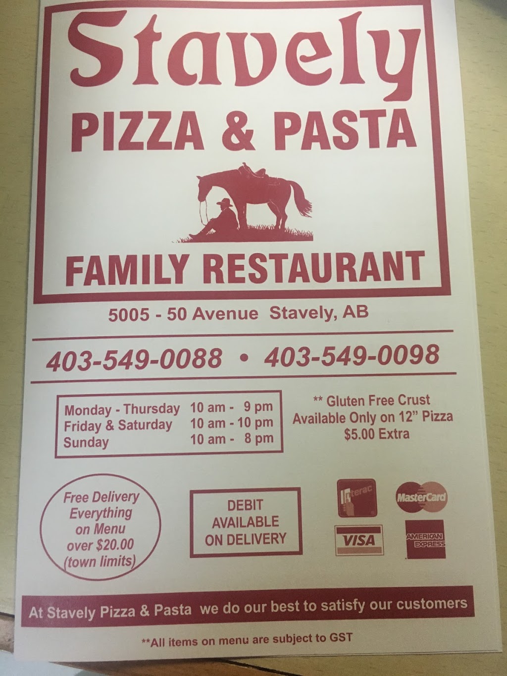 stavely’s pizza and pasta | restaurant | 5005 50 Ave, Stavely, AB T0L 1Z0, Canada | 4035490088 OR +1 403-549-0088