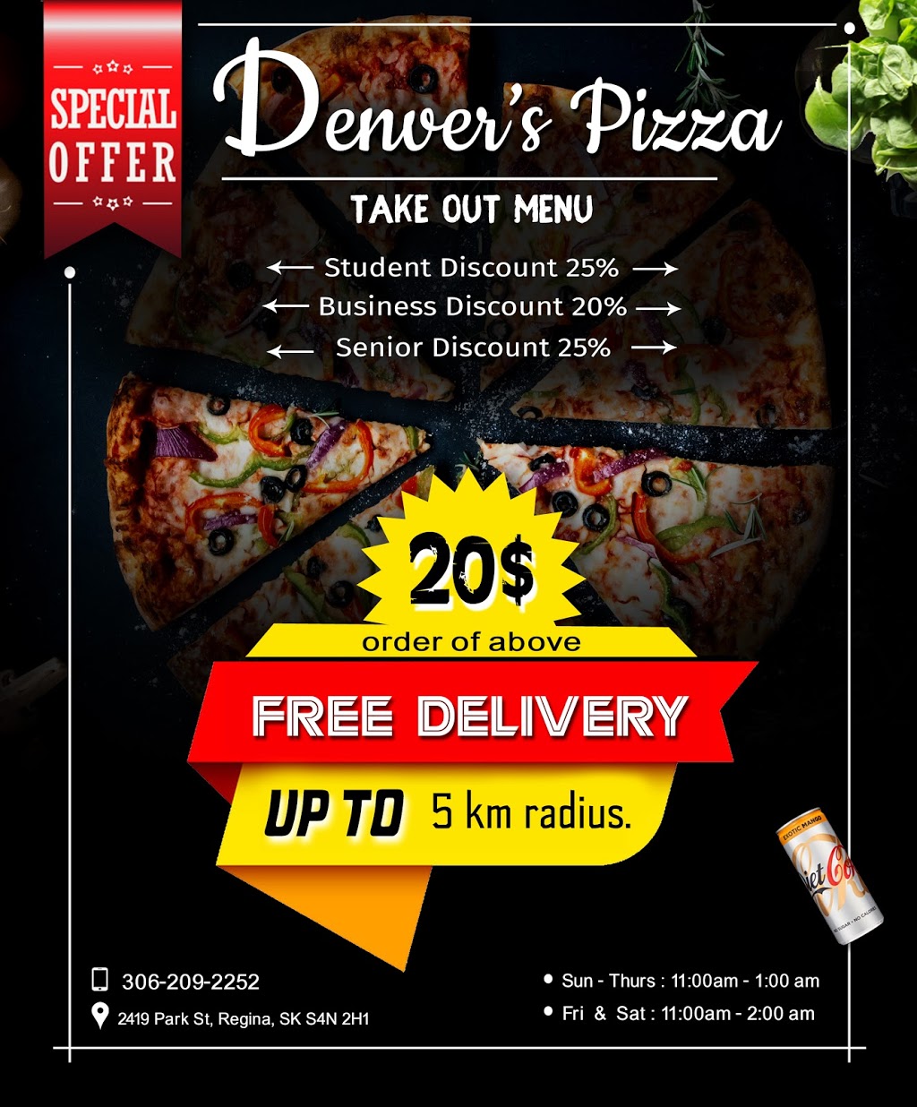 Denvers Pizza Regina | 2419 Park St, Regina, SK S4N 2H1, Canada | Phone: (306) 559-2252