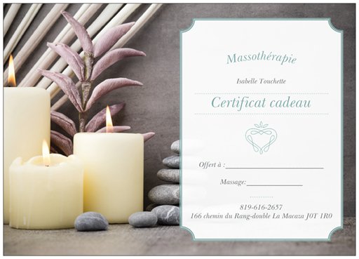 Massothérapie Isabelle Touchette | 166 Chemin du Rang Double, La Macaza, QC J0T 1R0, Canada | Phone: (819) 616-2657