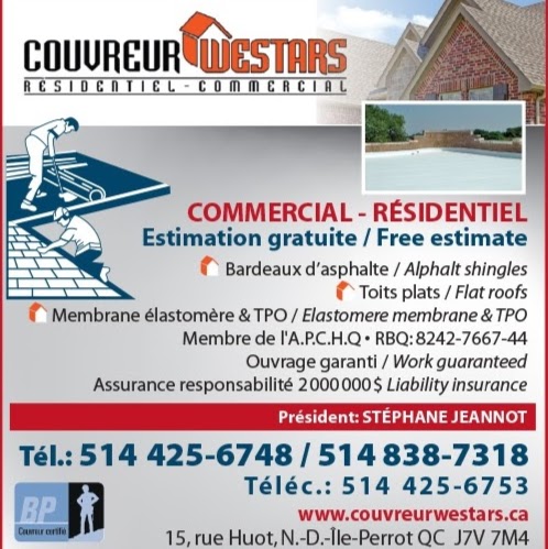 Couvreur Westars Inc | 103 Rue Huot, Notre-Dame-de-lÎle-Perrot, QC J7V 7M4, Canada | Phone: (514) 425-6748