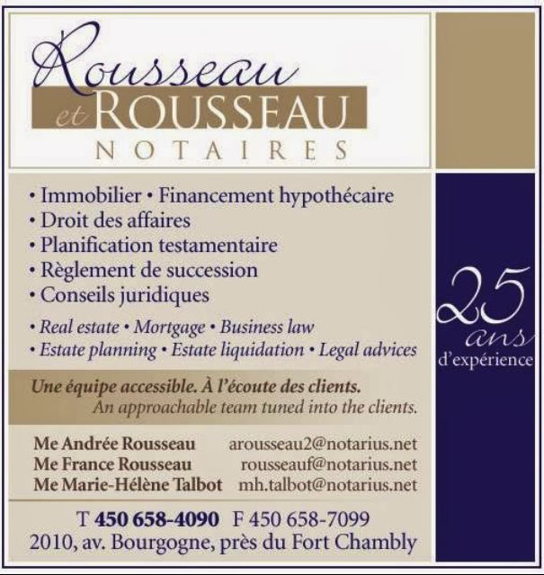 Rousseau Talbot Notaires & Associé S.A. | 2010 Avenue Bourgogne, Chambly, QC J3L 1Z6, Canada | Phone: (450) 658-4090