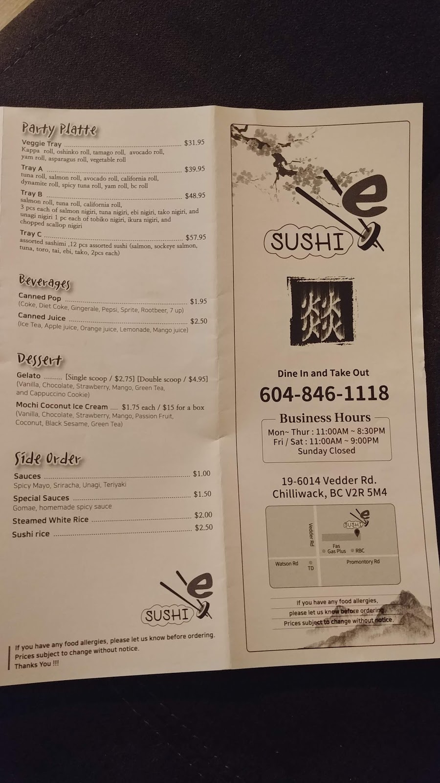 E sushi house | 19-6014 Vedder Rd, Chilliwack, BC V2R 5M4, Canada | Phone: (604) 846-1118