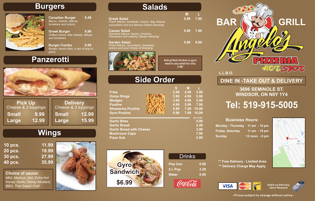 Angelos Pizzeria | meal delivery | 3606 Seminole St, Windsor, ON N8Y 1Y4, Canada | 5199155005 OR +1 519-915-5005