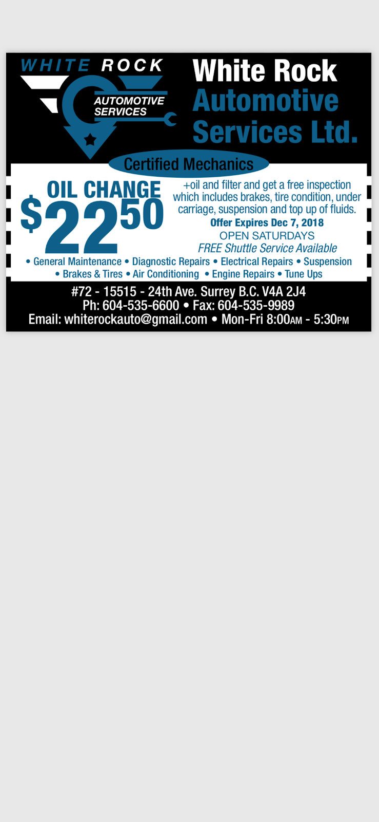 White Rock Automotive Services | 15515 24 Ave #72, Surrey, BC V4A 2J4, Canada | Phone: (604) 535-6600