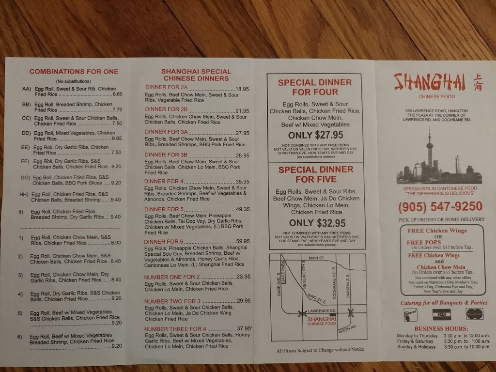 Shanghai Chinese Food | 856 Lawrence Rd, Hamilton, ON L8K 3G9, Canada | Phone: (905) 547-9250