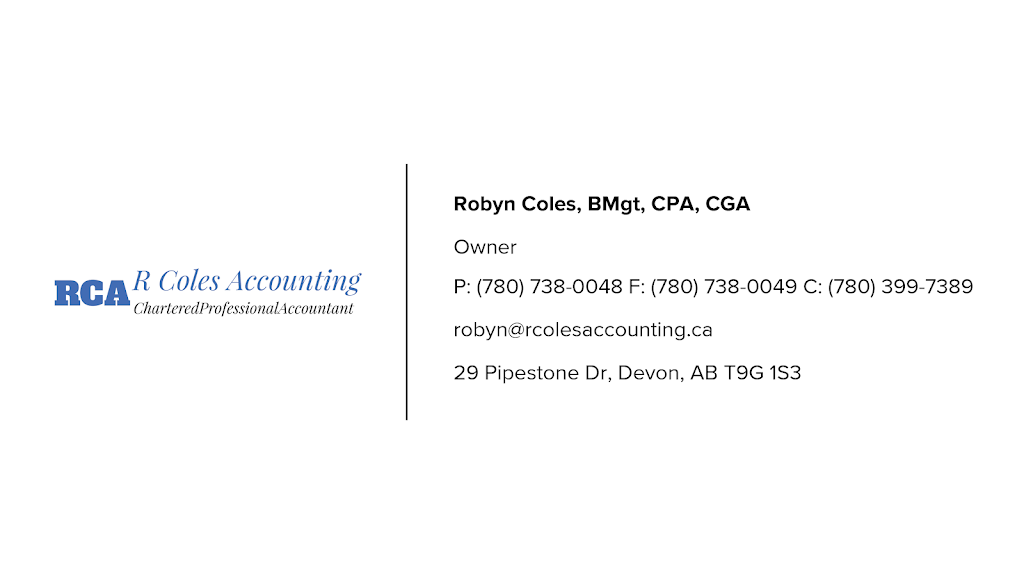R Coles Accounting Chartered Professional Accountant | 8+ years in business, 29 Pipestone Dr, Devon, AB T9G 1S3, Canada | Phone: (780) 738-0048