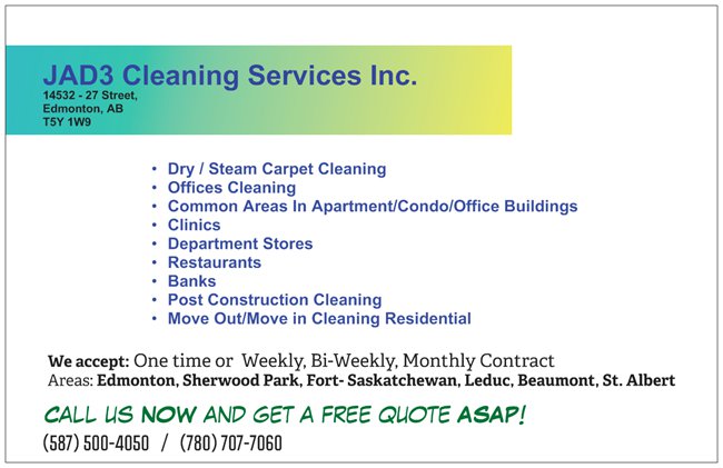 JAD3 Cleaning Services Inc. | 14532 27 St NW, Edmonton, AB T5Y 1W9, Canada | Phone: (587) 500-4050
