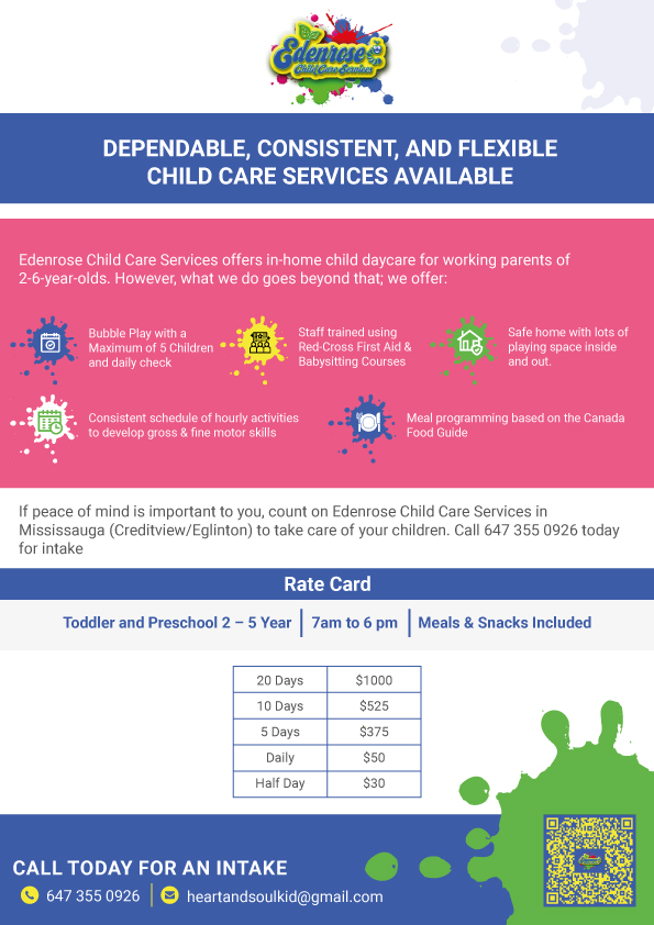 Edenrose Child Care Services | 1370 Norenko Ct, Mississauga, ON L5V 2M8, Canada | Phone: (647) 355-0926