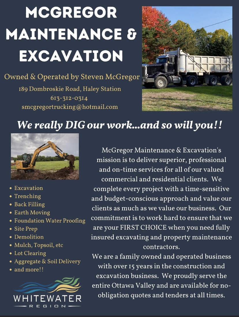 McGregor Maintenance and Excavation | 189 Dombroskie Rd, Haley Station, ON K0J 1Y0, Canada | Phone: (613) 312-0314