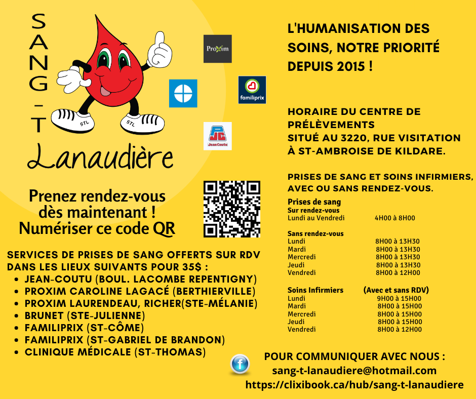 Sang-T-Lanaudière | 3220 Chem. de la Visitation, Saint-Ambroise-de-Kildare, QC J0K 1C0, Canada | Phone: (450) 752-9333