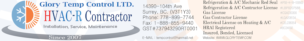 Glory Temp Control LTD | 14390 104 Ave, Surrey, BC V3T 1Y3, Canada | Phone: (778) 899-7744