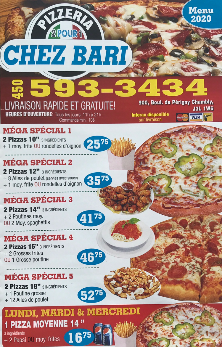 Chez Bari Pizzeria | 900 Boulevard de Périgny, Chambly, QC J3L 1W6, Canada | Phone: (450) 593-3434