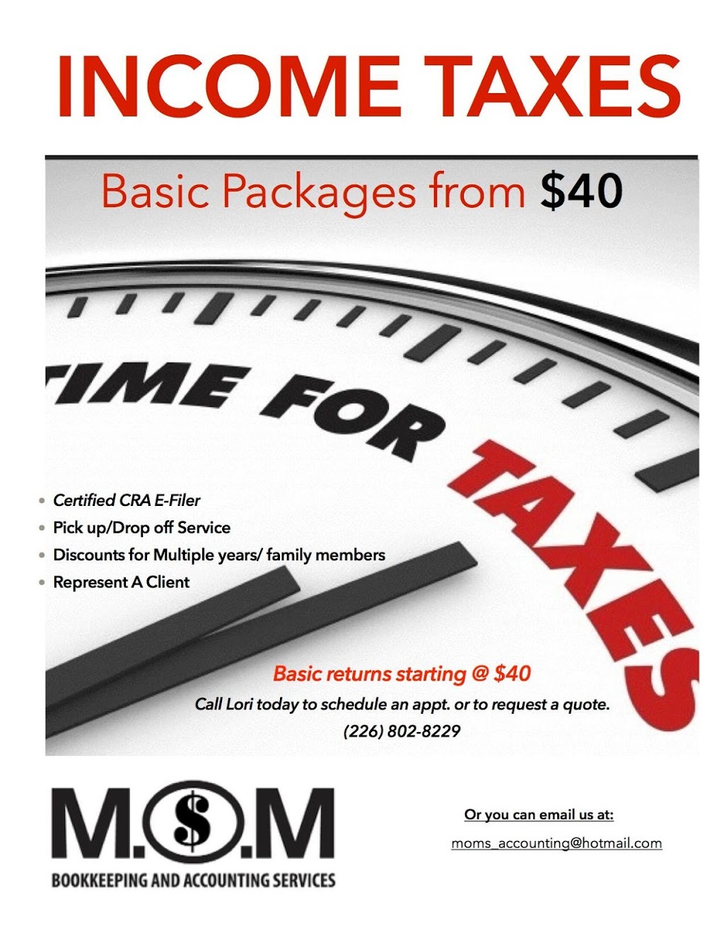 MOM Bookkeeping and Accounting Service | 100 Tollgate Rd #50, Brantford, ON N3R 7R7, Canada | Phone: (226) 802-8229