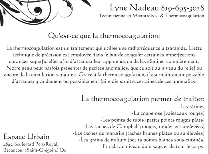Microtrolyse & Thermocoagulation Lyne Nadeau | 4895 Boulevard de Port Royal, Bécancour, QC G9H 1Z5, Canada | Phone: (819) 695-3028