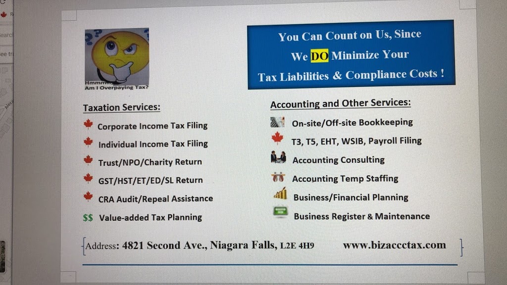 BIZACCTAX SERVICES INC. | 4821 2nd Ave, Niagara Falls, ON L2E 4H9, Canada | Phone: (647) 857-3692