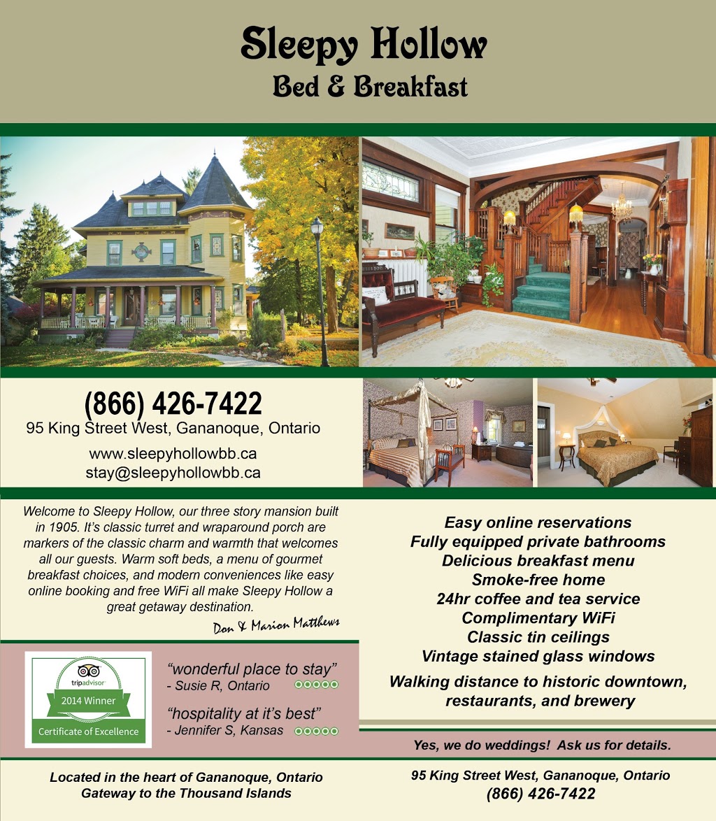 Sleepy Hollow Bed & Breakfast | 95 King St W, Gananoque, ON K7G 2G2, Canada | Phone: (613) 382-4377