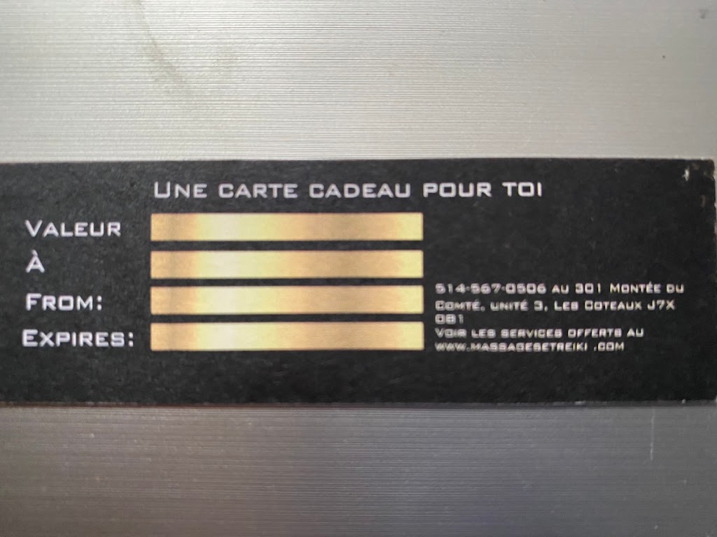 Consultation Massages & Reiki | 301, unité 3, Mnt du Comté, Les Coteaux, QC J7X 0B1, Canada | Phone: (514) 567-0506
