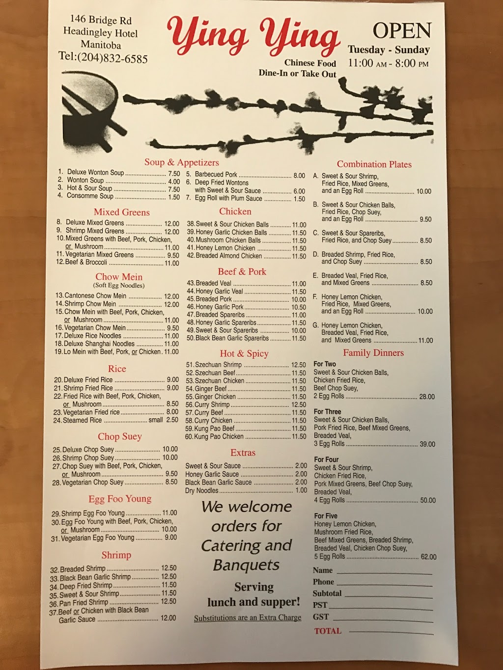 Ying Ying Chinese Food | 146 Bridge Rd, Headingley, MB R4H 1G8, Canada | Phone: (204) 832-6585