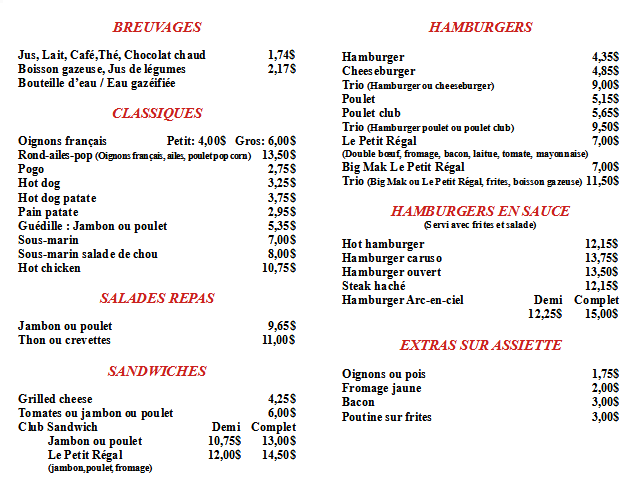 Restaurant Au Petit Regal | 8 Rue Principale O, Saint-Clément, QC G0L 2N0, Canada | Phone: (418) 963-2130
