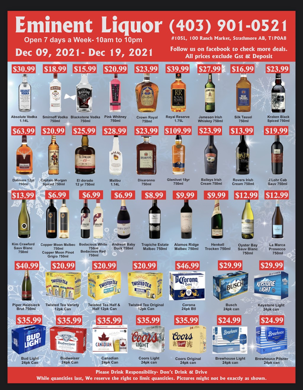 Eminent Liquor Store | 100 Ranch Market #105, Strathmore, AB T1P 0A8, Canada | Phone: (403) 901-0521