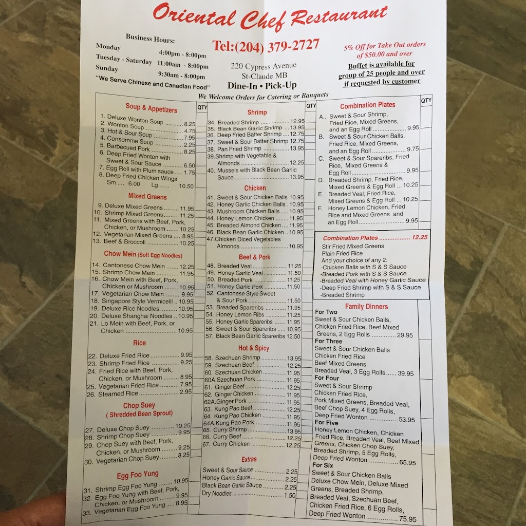 Oriental Chef | 220 Cypress Ave, Saint Claude, MB R0G 1Z0, Canada | Phone: (204) 379-2727