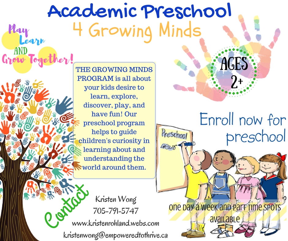 Academic Preschool for Growing Minds | 30 Brown Wood Dr, Barrie, ON L4M 6N5, Canada | Phone: (705) 791-5747