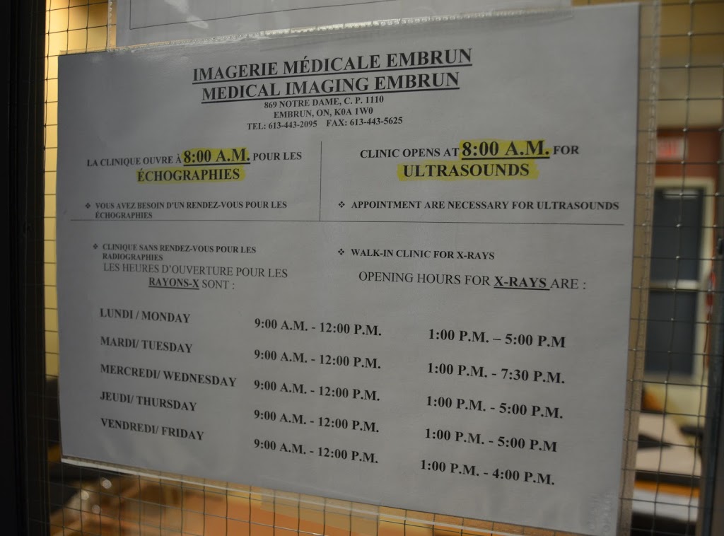 Embrun Medical Imaging | 869 Notre Dame St, Embrun, ON K0A 1W0, Canada | Phone: (613) 443-2095