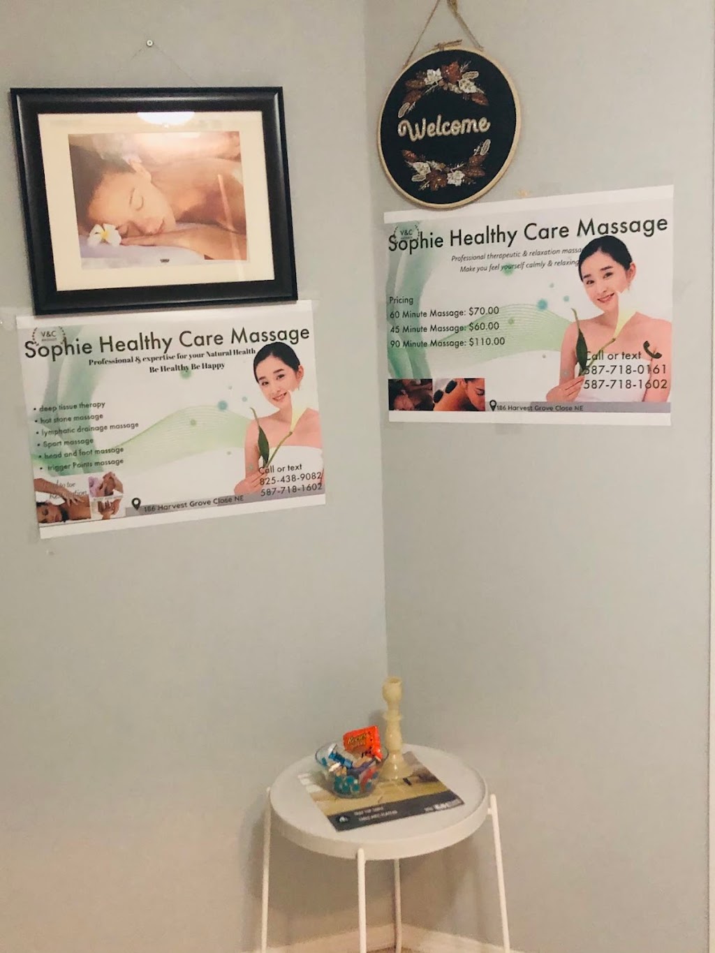 Sophies Healthy Care Massage studio | 186 Harvest Grove Close NE, Calgary, AB T3K 4T6, Canada | Phone: (587) 718-0161