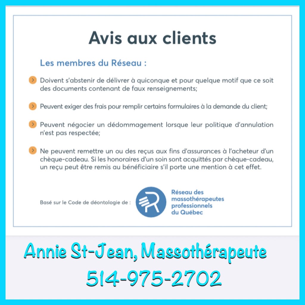 Massothérapie Annie St-Jean | 18 Rue Stocker, Notre-Dame-de-lÎle-Perrot, QC J7V 8K1, Canada | Phone: (514) 975-2702