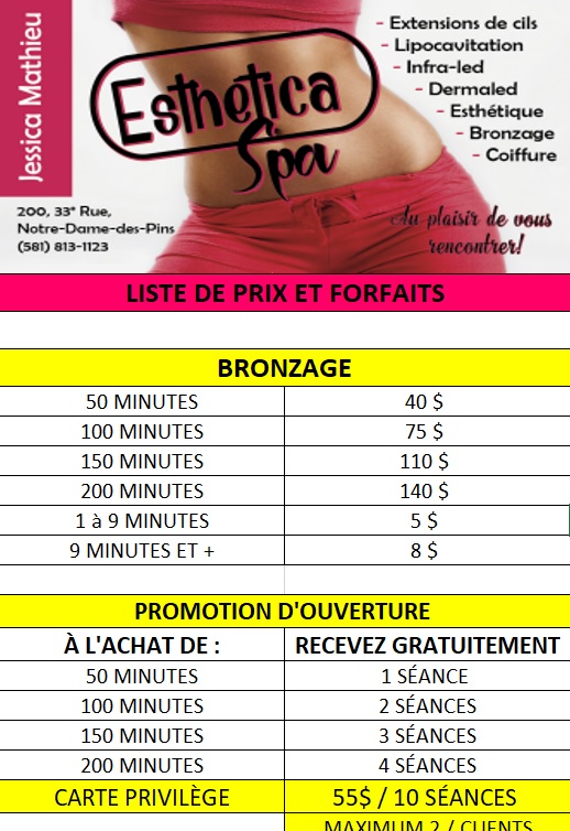 Esthética Spa | 200 33e Rue, Notre-Dame-des-Pins, QC G0M 1K0, Canada | Phone: (581) 813-1123