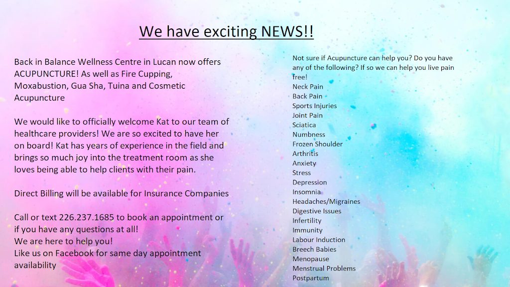 Back in Balance Wellness Centre | 33351 Richmond St, Lucan, ON N0M 2J0, Canada | Phone: (226) 237-1685