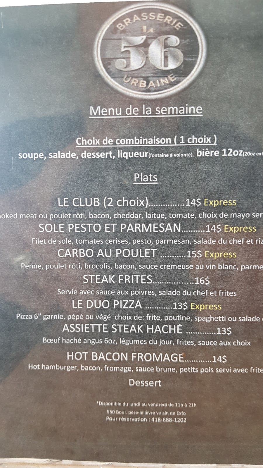 Le 56 Brasserie Urbaine | 550 Boulevard Père-Lelièvre, Québec, QC G1M 3R2, Canada | Phone: (418) 688-1202