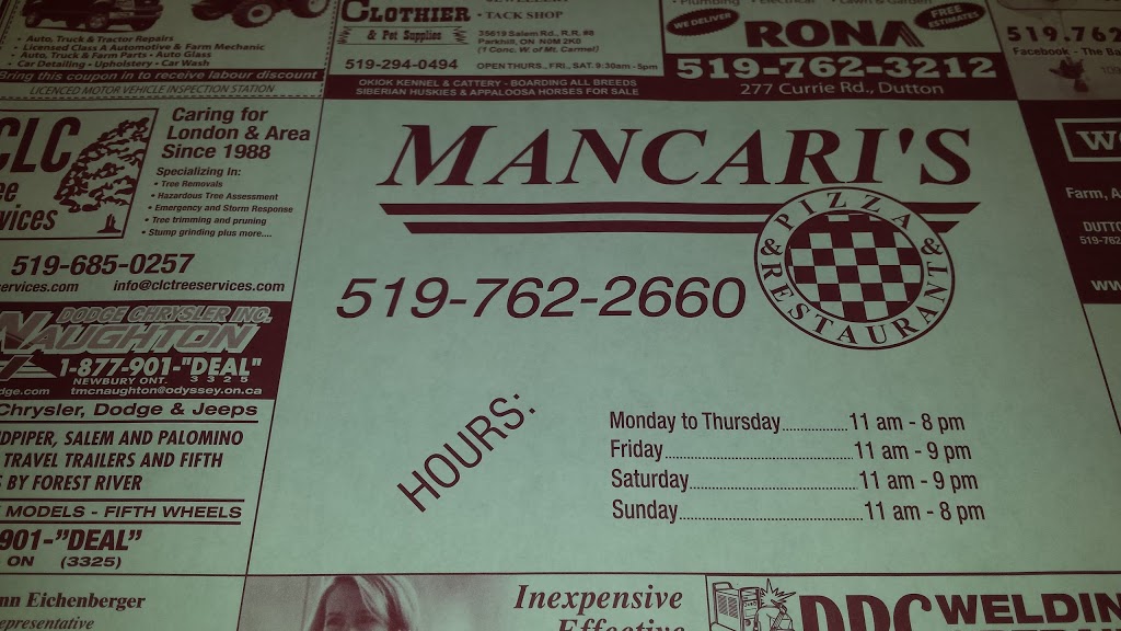 Mancaris Pizza & Restaurant | 184 Currie Rd, Dutton, ON N0L 1J0, Canada | Phone: (519) 762-2660