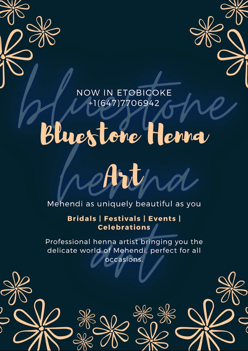 Bluestone henna art | point of interest | 84 Don Minaker Dr, Brampton, ON L6P 1R7, Canada | 6477706942 OR +1 647-770-6942