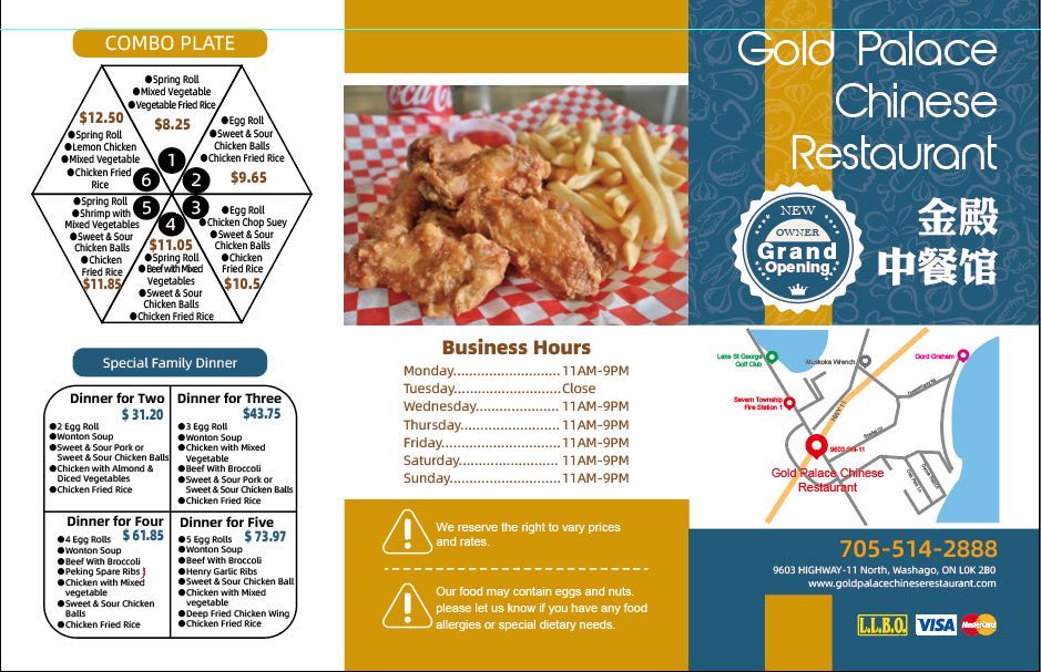 Gold Palace Chinese Restaurant | 9603 ON-11 Unit 1, Washago, ON L0K 2B0, Canada | Phone: (705) 514-2888