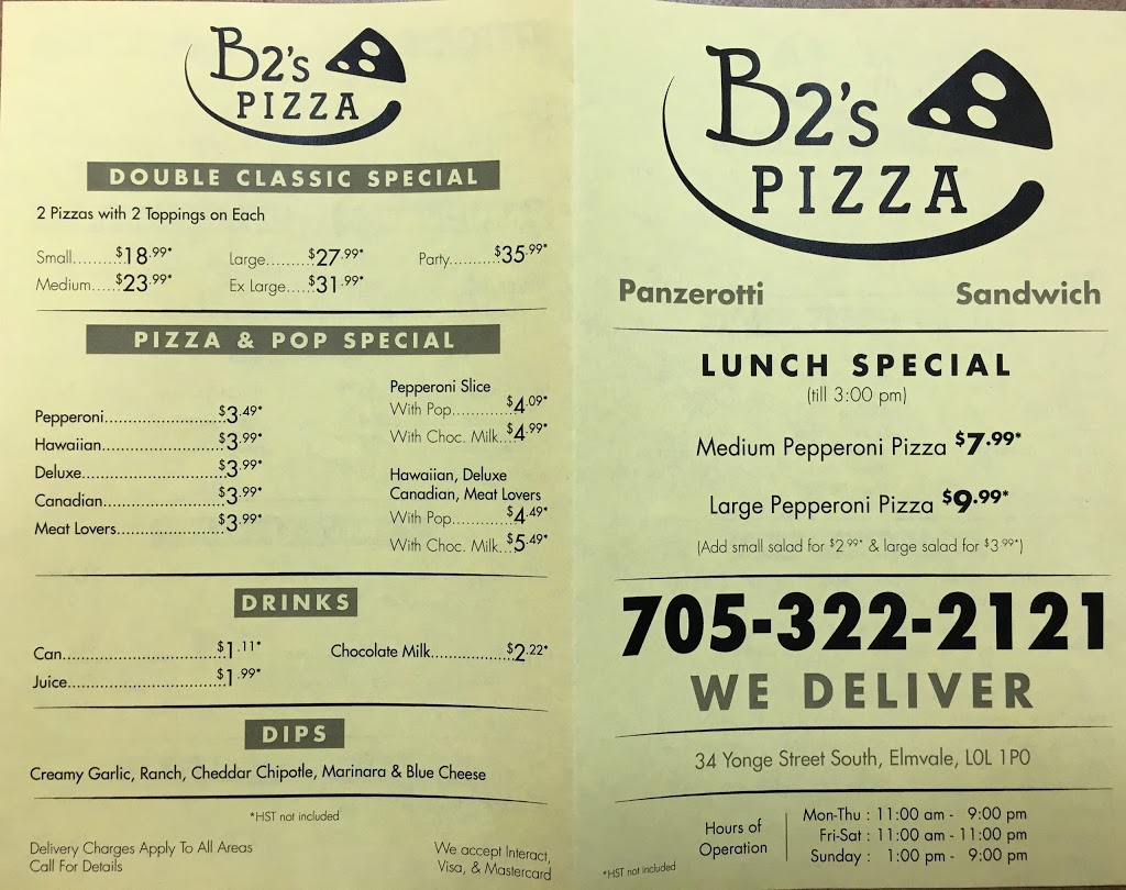 B2s Pizza | 34 Yonge St S, Elmvale, ON L0L 1P0, Canada | Phone: (705) 322-2121