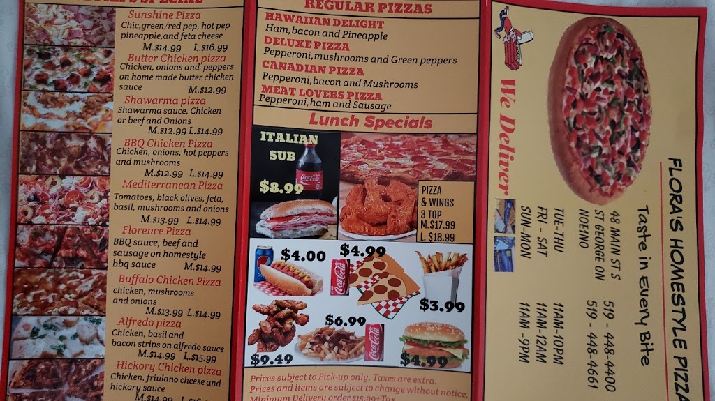 Floras homestyle pizza | 48 Main St S, Saint George, ON N0E 1N0, Canada | Phone: (519) 448-4400