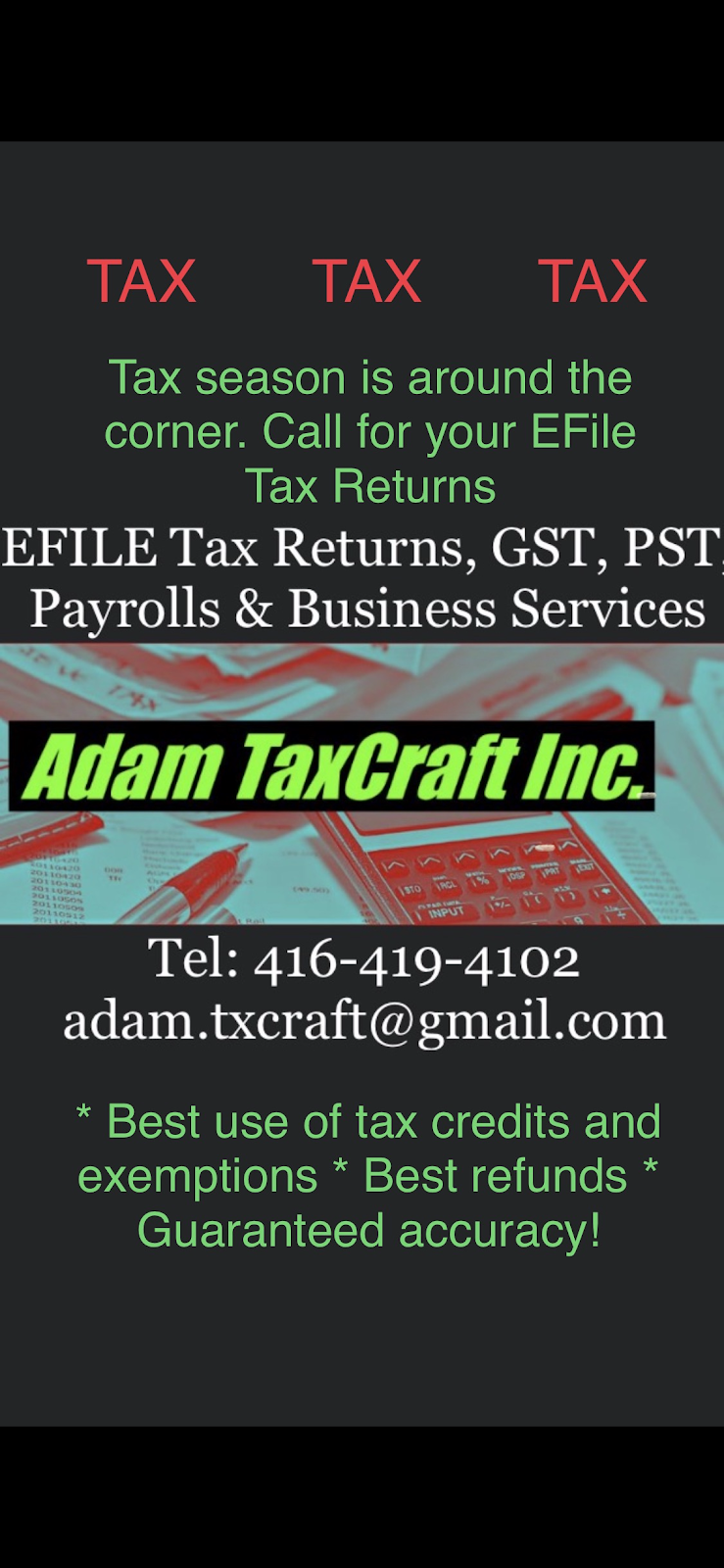Adam TaxCraft Inc. | 30 St Magnus Dr, Scarborough, ON M1C 0C6, Canada | Phone: (416) 419-4102
