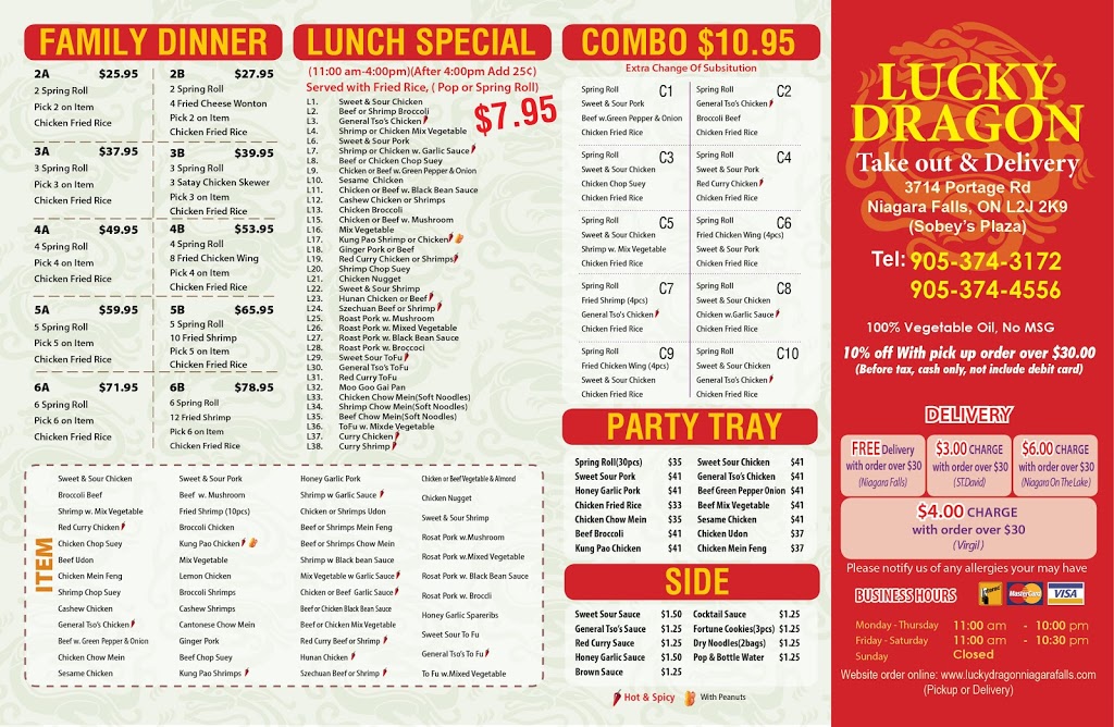 NiagaraFalls Lucky Dragon (Take-Out & Delivery) | 3714 Portage Rd, Niagara Falls, ON L2J 2K8, Canada | Phone: (905) 374-4556